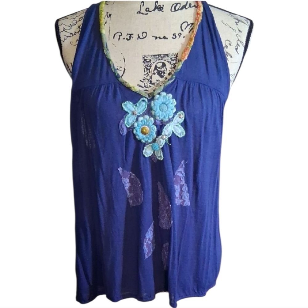 RARE! Free People Vintage Blue Halter Top with Floral Accents Size Small